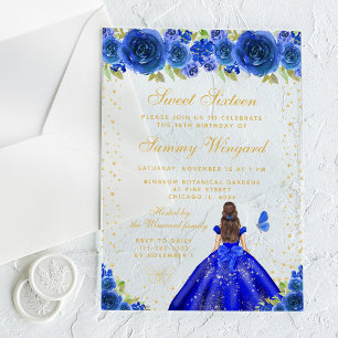 Invitations En Acrylique Bleu Floral Brunette Cheveux Princesse Sweet sixte