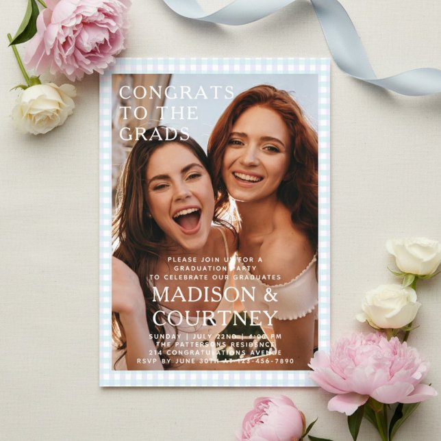 Invitations En Acrylique Bleu Gingham Deux Diplômés Photo Fête de Remise de (Créateur téléchargé)