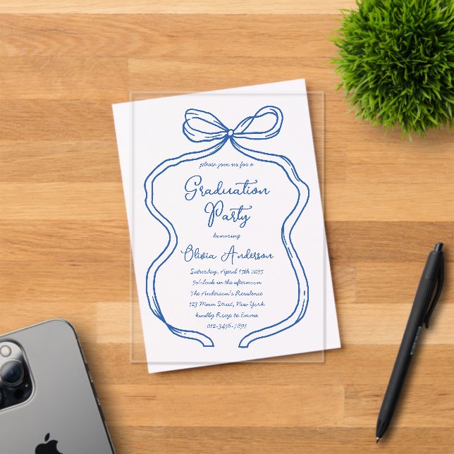 Invitations En Acrylique Bleu Main Tirée Bow & Handwriting Graduation Party (Insitu (Carte d'invitation))