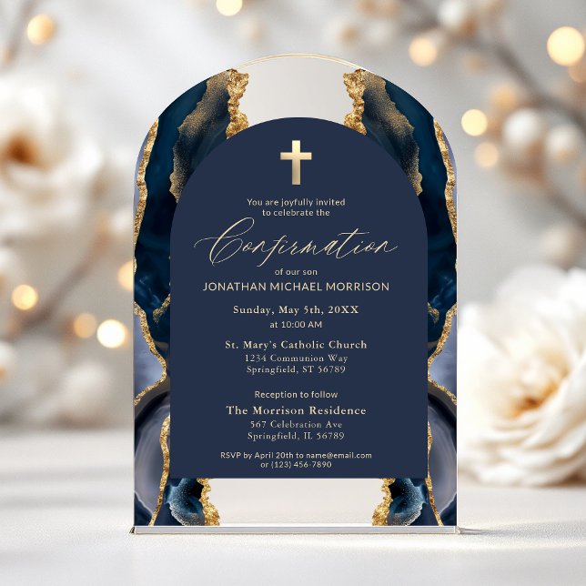 Invitations En Acrylique Bleu Nuit Agate Dorée Confirmation Moderne Élégant (Créateur téléchargé)