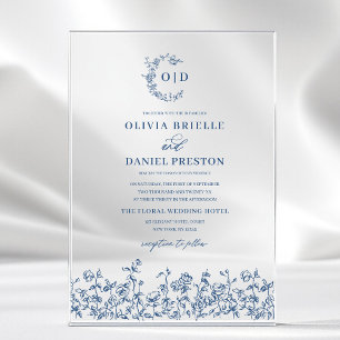 Invitations En Acrylique Bleu Nuit Blason Floral Monogramme Mariage Élégant