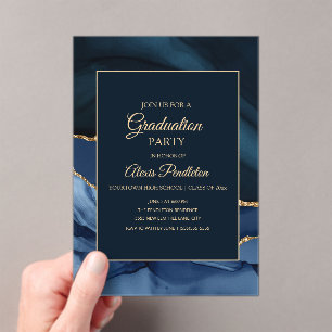 Invitations En Acrylique Bleu Nuit Élégant Marbre Agate Remise des Diplômes