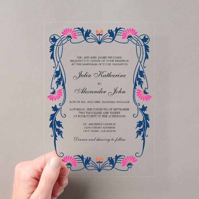 Invitations En Acrylique Bleu Nuit & Floraisons Fuchsia (In situ (ordinateur de poche))