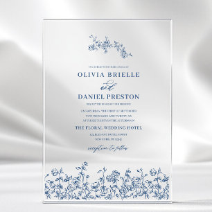 Invitations En Acrylique Bleu Nuit Floral Élégant Mariage Victorien Françai