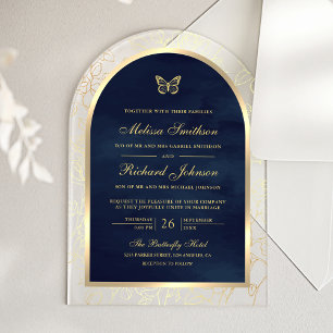 Invitations En Acrylique Bleu Nuit Ligne Dorée Papillon Arc Mariage