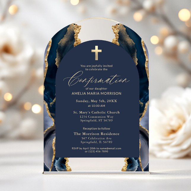 Invitations En Acrylique Bleu Nuit Or Agate Confirmation Moderne (Créateur téléchargé)
