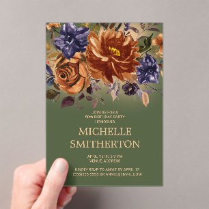 Invitations En Acrylique Bleu orange brûlé Vert floral 50e anniversaire
