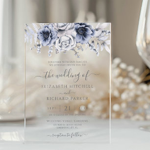 Invitations En Acrylique Bleu Poussiéreux Et Élégant Mariage Floral Navy