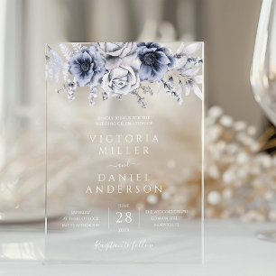 Invitations En Acrylique Bleu Poussiéreux Et Élégant Mariage Floral Navy