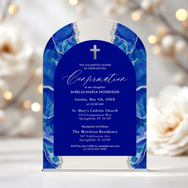 Invitations En Acrylique Bleu Royal Agate Argent Confirmation Moderne (Créateur téléchargé)