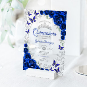 Invitations En Acrylique Bleu Royal Argent Floral Quinceanera
