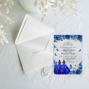 Invitations En Acrylique Bleu Royal Floral Papillon jumeau Quinceanera