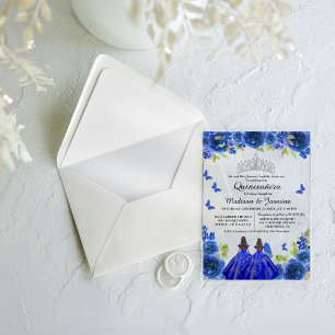 Invitations En Acrylique Bleu Royal Floral Papillon jumeau Quinceanera