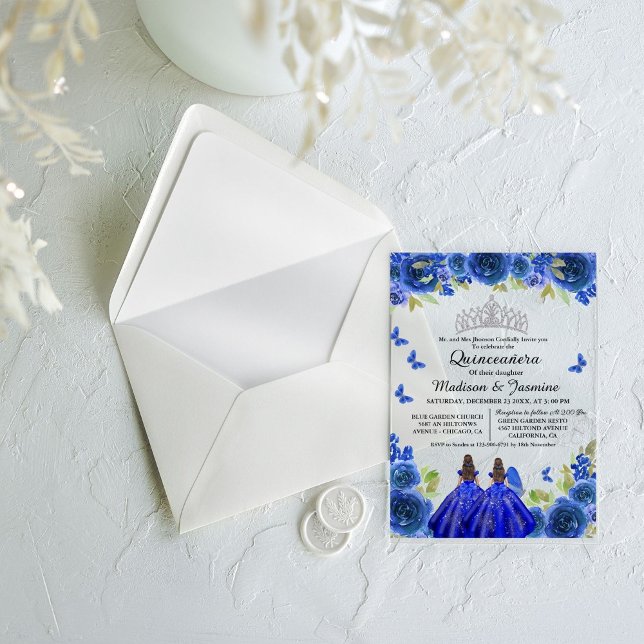 Invitations En Acrylique Bleu Royal Floral Papillon jumeau Quinceanera (Créateur téléchargé)