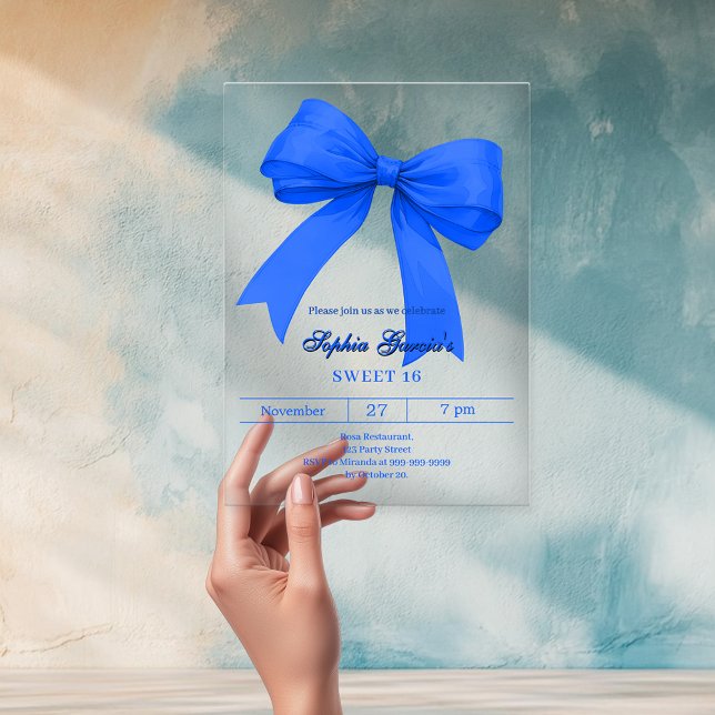 Invitations En Acrylique Bleu royal ruban blanc SWEET 16 clair (Créateur téléchargé)