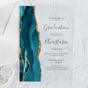 Invitations En Acrylique Bleu sarcelle Or Agate Gris Texte Remise des diplô