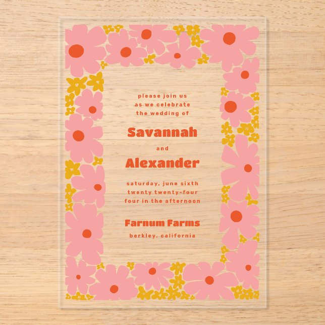 Invitations En Acrylique Blooms Super rose et orange Boho Mariage (Recto)