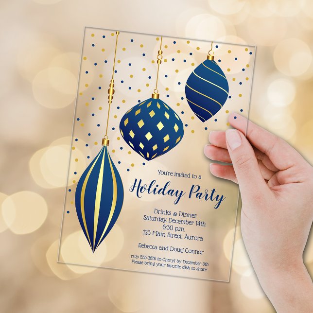 Invitations En Acrylique Blue and Gold Christmas Ornaments Holiday (Blue and gold Christmas tree ornaments ACRYLIC party invitations)