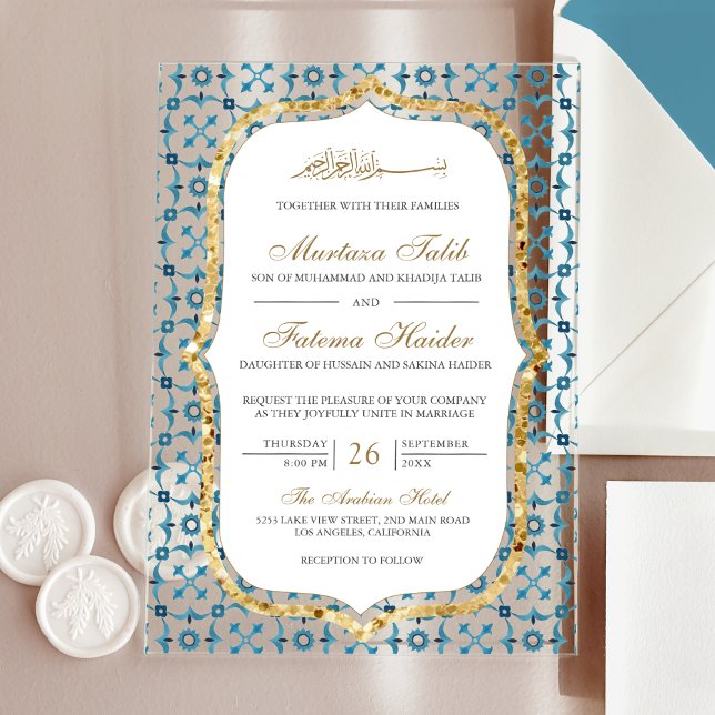 Invitations En Acrylique Blue and Gold Moroccan Tile Islamic Wedding  (Créateur téléchargé)
