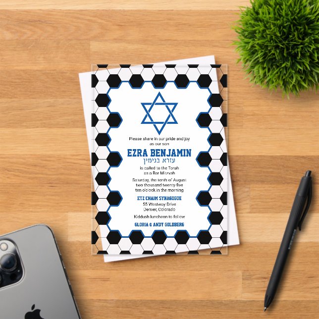 Invitations En Acrylique Blue Black Blanc Soccer Ball Bar Mitzvah (Insitu (Carte d'invitation))