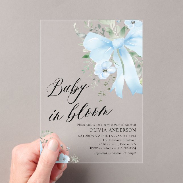 Invitations En Acrylique Blue Bow Baby in Bloom Floral Boy Baby shower (In situ (ordinateur de poche))