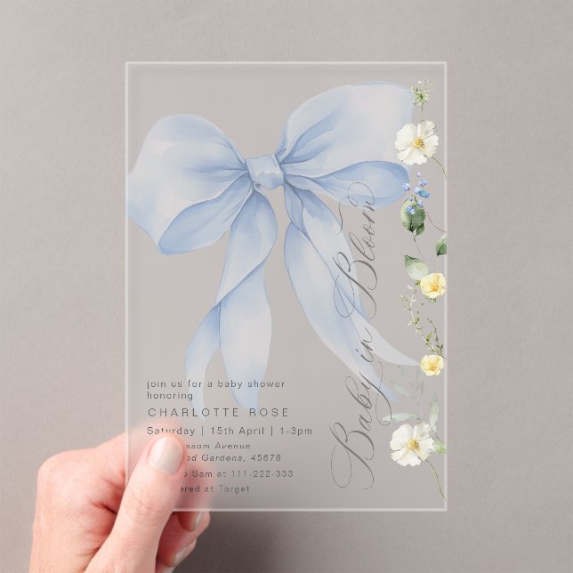 Invitations En Acrylique Blue Bow Baby in Fleur fleurie Baby boy douche (In situ (ordinateur de poche))