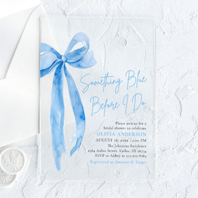 Invitations En Acrylique Blue Bow quelque chose de bleu avant de faire Fête (Moder Watercolor Blue Bow Something Blue Before I Do Bridal Shower Acrylic Invitation)