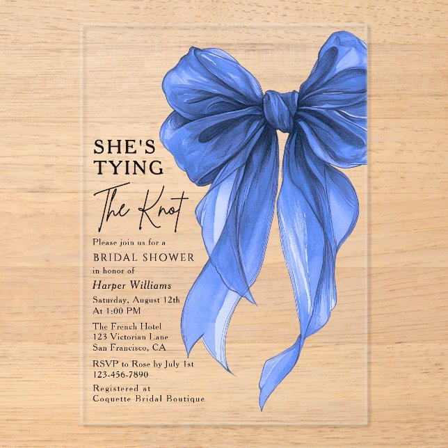 Invitations En Acrylique Blue Bow She's Tying The Knot Bridal Shower (Recto)