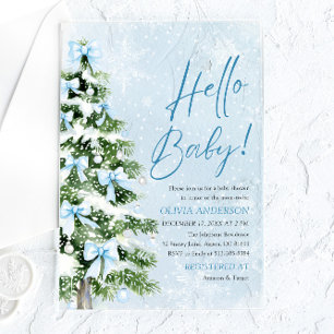 Invitations En Acrylique Blue Bows Christmas Tree Hello Baby Baby shower
