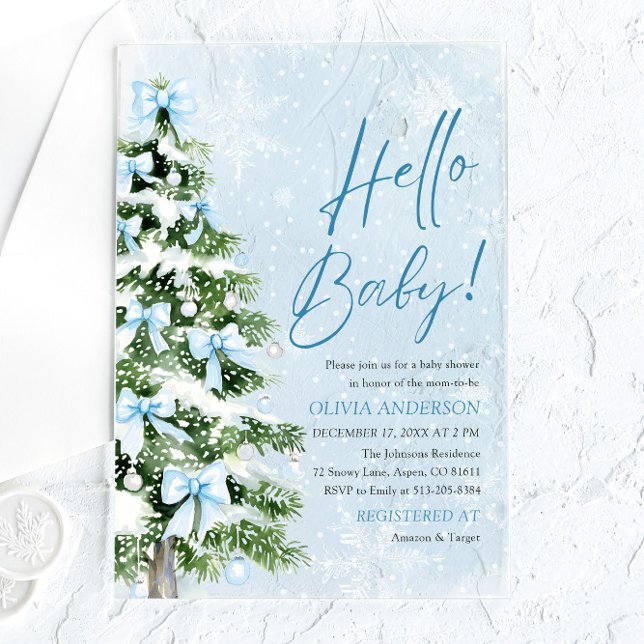 Invitations En Acrylique Blue Bows Christmas Tree Hello Baby Baby shower (Blue Bows Christmas Tree Hello Baby Baby Shower Acrylic Invitations)