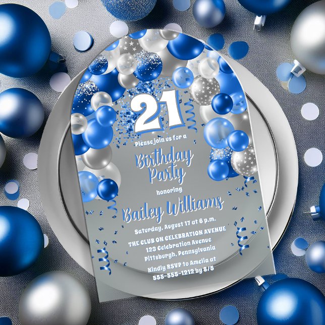 Invitations En Acrylique Blue Celebration Balloons 21e fête d'anniversaire (Blue Celebration Balloons "21" 21st Birthday Party Acrylic Invitation)