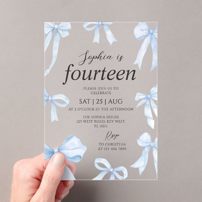 Invitations En Acrylique Blue Coquette Bow Girl Birthday Party (In situ (ordinateur de poche))