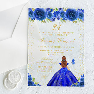 Invitations En Acrylique Blue Floral Brown Hair Princess Anniversaire