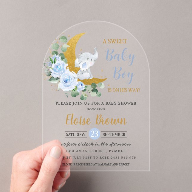 Invitations En Acrylique Blue Floral Elephant Moon Baby Boy Douche Arch (In situ (ordinateur de poche))