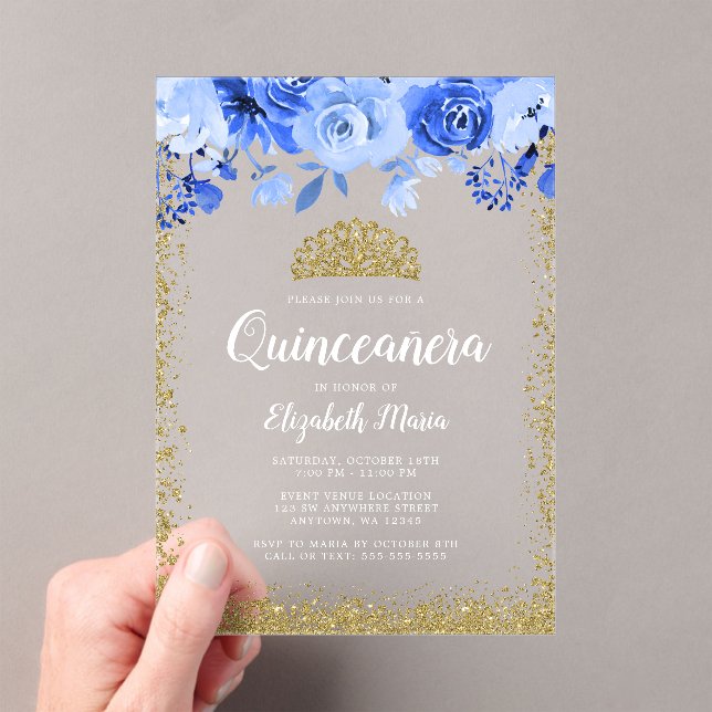 Invitations En Acrylique Blue Floral Faux Gold Glitter Tiara Quinceanera (In situ (ordinateur de poche))