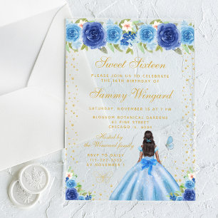 Invitations En Acrylique Blue Floral Peau foncée Princesse Sweet sixteen