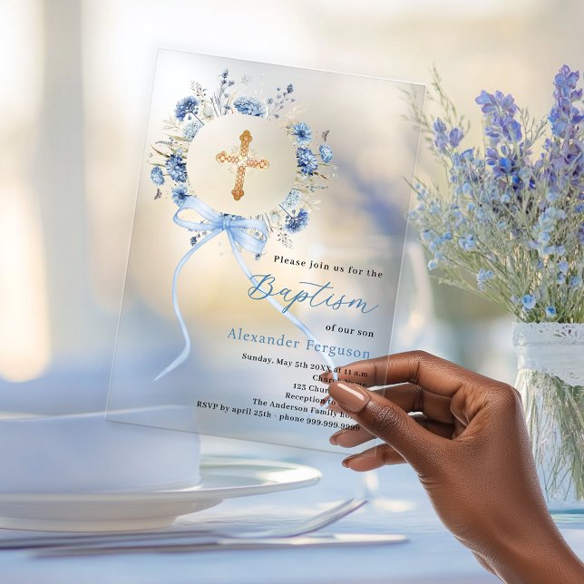 Invitations En Acrylique Blue floral wreath cross bow boy baptism clear (Créateur téléchargé)