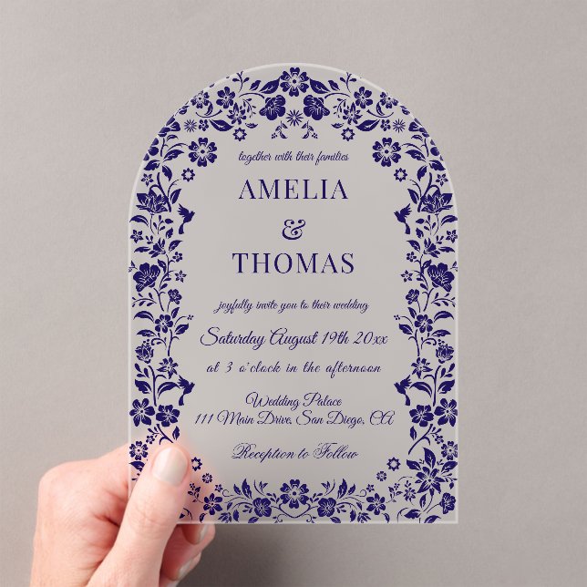 Invitations En Acrylique Blue Folk Art Floral Wedding  (In situ (ordinateur de poche))