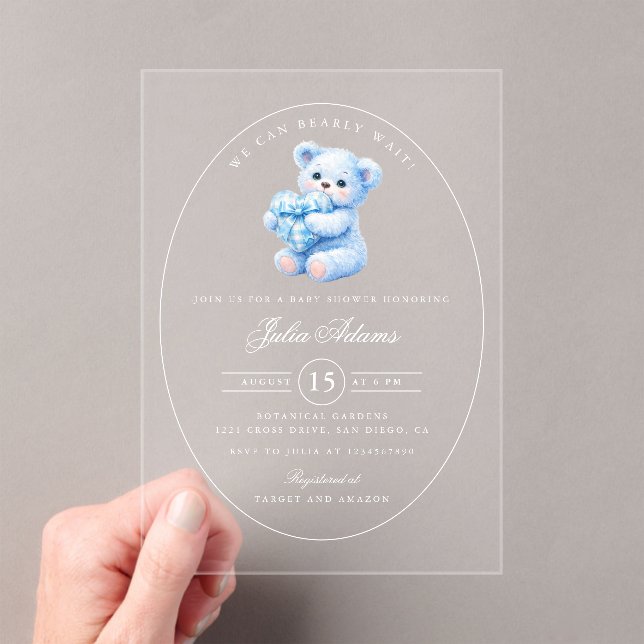 Invitations En Acrylique Blue Gingham Teddy Bear Neutral Baby Shower (In situ (ordinateur de poche))