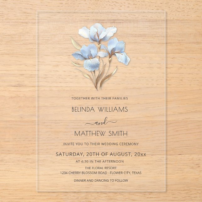 Invitations En Acrylique Blue Gold 3D Flowers  (Recto)