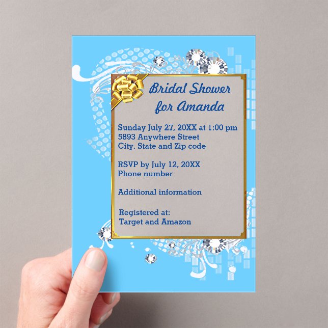 Invitations En Acrylique Blue & Gold Frame & Diamonds Image Bridal Shower (In situ (ordinateur de poche))