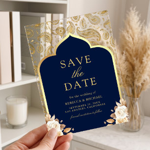 Invitations En Acrylique Blue Gold Paisley Mariage Indien Save the Date