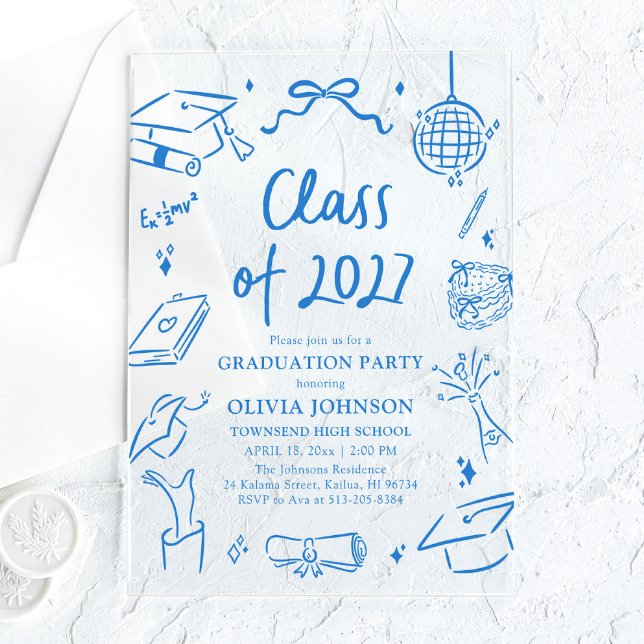 Invitations En Acrylique Blue Hand Drawn Class of 2027 Graduation Party (Créateur téléchargé)