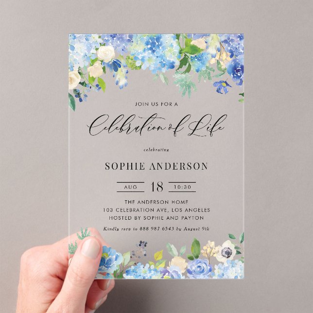 Invitations En Acrylique Blue Hydrangea and Ivory Rose Celebration of Life (In situ (ordinateur de poche))