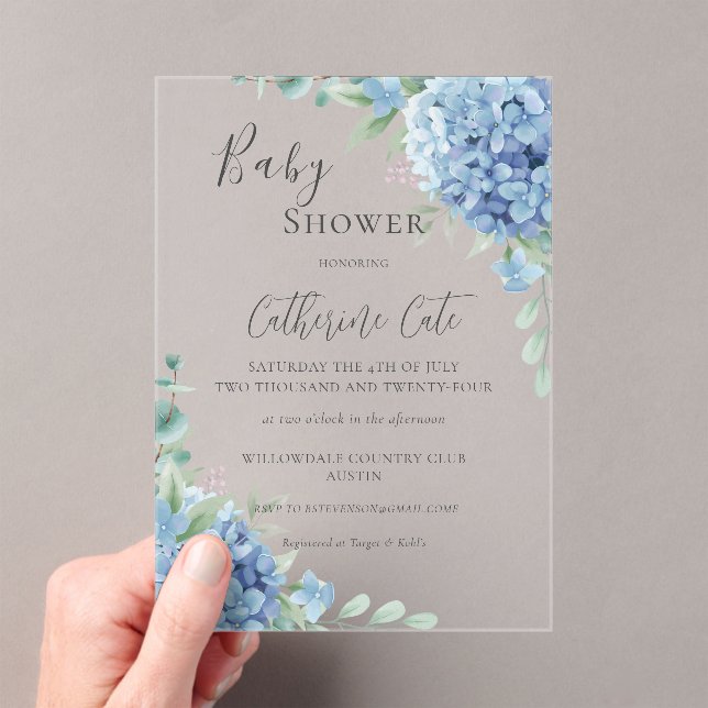 Invitations En Acrylique Blue Hydrangea Floral Baby Shower (In situ (ordinateur de poche))