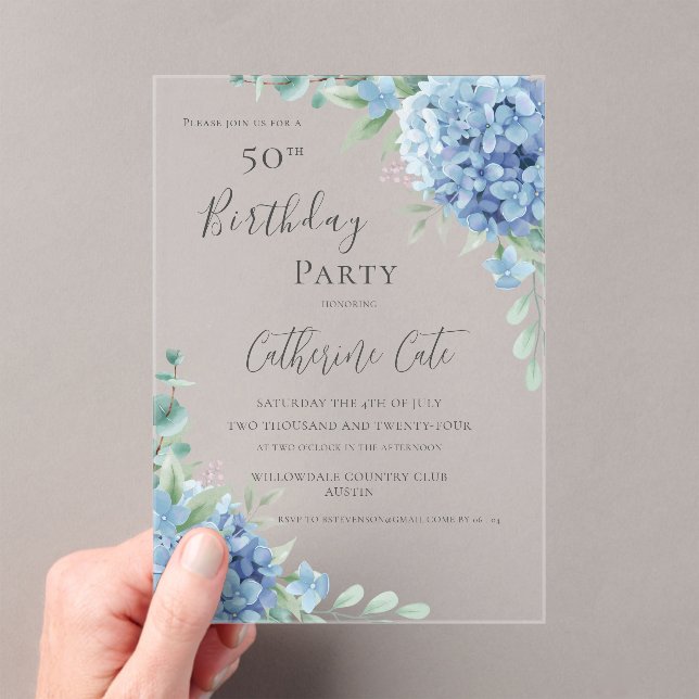 Invitations En Acrylique Blue Hydrangea Floral Elegant 50th Birthday (In situ (ordinateur de poche))