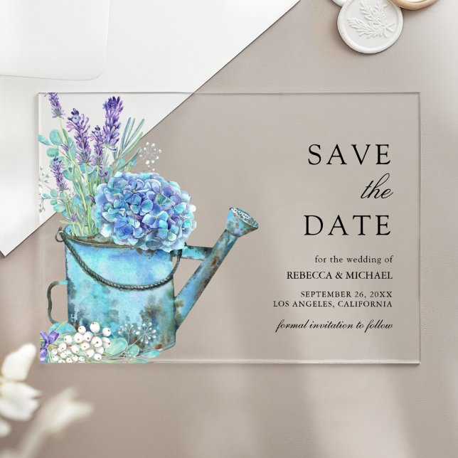Invitations En Acrylique Blue Hydrangea Lavender Wedding Enregistrer la dat (Créateur téléchargé)