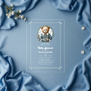 Invitations En Acrylique Blue Jean Baby Denim Teddy Bear Baby shower
