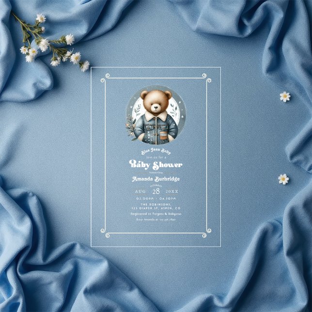 Invitations En Acrylique Blue Jean Baby Denim Teddy Bear Baby shower (Blue Jean Baby Denim Teddy Bear Baby Shower Acrylic Invitation)
