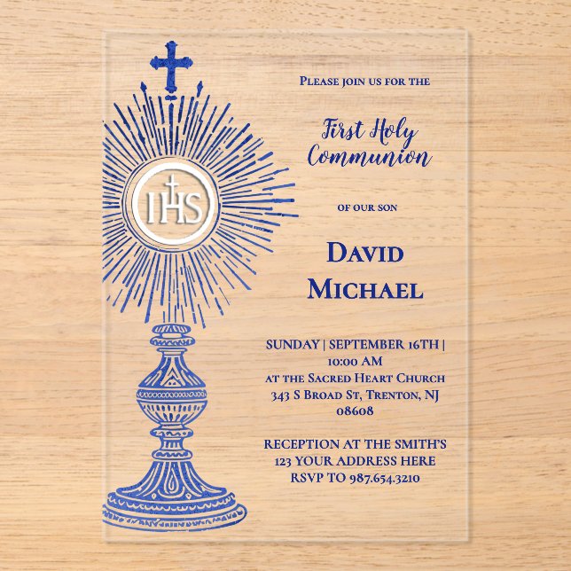 Invitations En Acrylique blue monstrance design | First Holy Communion (Recto)